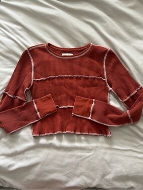 UO Waffle-Knit Long Sleeve Top with Contrast Seams